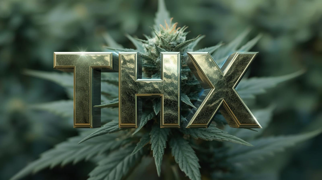 Gros plan détaillé sur une belle fleur THX reconnue pour ses effets intenses avec le logo thx